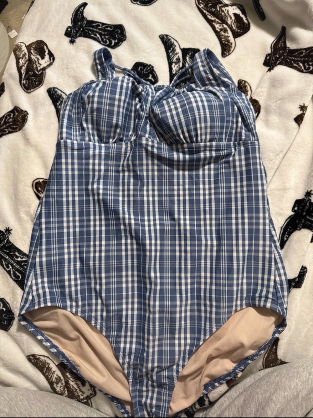 Kona Sol Blue and White Plaid One-Piece Swimsuit